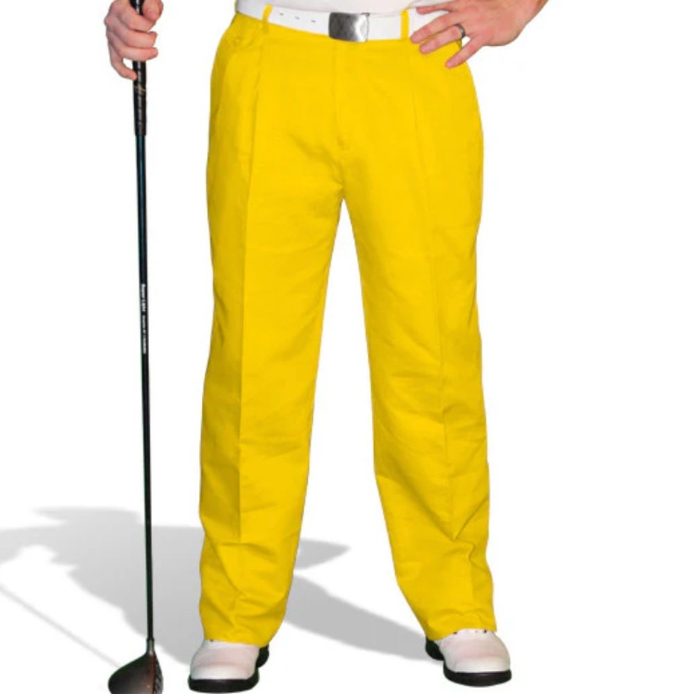 NEW Golf Trousers Pleated Pants Par 4 Mens Yellow Cotton/Ramie 34 W;  Inseam 32